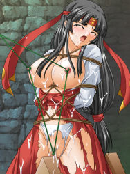 Rule 34 | arms behind back, bdsm, black hair, bondage, bound, box tie, breast bondage, breasts, closed eyes, japanese clothes, long hair, miko, nipple pull, nipple stimulation, nipples, open mouth, queen&#039;s blade, tears, tomoe (queen&#039;s blade), torn clothes, torture, wooden horse
