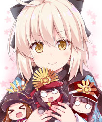 Rule 34 | &gt; &lt;, 1boy, 3girls, :d, ahoge, black bow, black hair, black hat, black scarf, blush, bow, brown eyes, brown hair, chacha (fate), chibi, closed eyes, closed mouth, commentary request, crest, family crest, fate/grand order, fate (series), hair between eyes, hair bow, haori, hat, hugging object, japanese clothes, koha-ace, light brown hair, long hair, long sleeves, mini person, minigirl, multiple girls, o o, oda nobukatsu (fate), oda nobunaga (fate), oda nobunaga (koha-ace), oda uri, okita souji (fate), okita souji (koha-ace), open mouth, peaked cap, red hat, red scarf, rioshi, scarf, smile, wavy mouth, xd