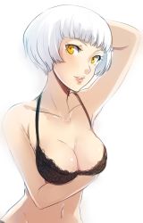 Rule 34 | 1girl, artist request, blunt bangs, bra, breasts, cleavage, collarbone, elizabeth (persona), lips, looking at viewer, medium breasts, navel, parted lips, persona, persona 3, short hair, smile, solo, underwear, upper body, white hair, yellow eyes