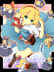 Rule 34 | 1girl, alice margatroid, blonde hair, blue dress, blue eyes, book, boots, bow, capelet, cross-laced footwear, doll, dress, female focus, hairband, haruyonoto, highres, lace-up boots, lance, necktie, open mouth, polearm, sash, shanghai doll, shield, short hair, smile, solo, string, sword, touhou, weapon