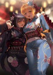 Rule 34 | 2girls, absurdres, ahoge, animal ear fluff, animal ears, black hair, black kimono, blonde hair, blue eyes, blue flower, blue kimono, blurry, blurry background, blush, breasts, cat ears, cat girl, commentary request, feet out of frame, floral print, flower, frilled kimono, frills, green eyes, hair flower, hair ornament, hand up, highres, japanese clothes, karyl (new year) (princess connect!), karyl (princess connect!), kimono, large breasts, long hair, looking at viewer, looking to the side, multiple girls, obi, open mouth, paw pose, pecorine (new year) (princess connect!), pecorine (princess connect!), princess connect!, print kimono, sash, sidelocks, small breasts, smile, teeth, wefightasone 1