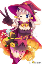 Rule 34 | 1girl, :3, ;q, black cat, black skirt, blue eyes, blush, boots, bow, breasts, brown hair, cape, cat, cleavage, company name, corset, daikan&#039;yama ebisu, detached collar, earrings, gloves, halloween, hand on headwear, hat, jack-o&#039;-lantern, jewelry, large breasts, long hair, multicolored clothes, one eye closed, original, pumpkin, purple footwear, purple thighhighs, ribbon, shinki kakusei melty maiden, skirt, smile, solo, standing, standing on one leg, star (symbol), star earrings, thigh boots, thighhighs, tongue, tongue out, twintails, v, white background, witch hat, yellow bow