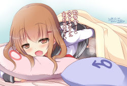 Rule 34 | 10s, 1girl, 2014, bad id, bad nicoseiga id, black thighhighs, blush, brown eyes, brown hair, dated, fang, hair ornament, hairclip, ikazuchi (kancolle), kantai collection, lifting covers, mentei yakuna, open mouth, pillow, school uniform, serafuku, short hair, signature, skirt, steam, thighhighs, translation request, under covers