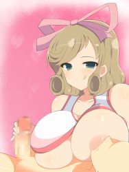 Rule 34 | 10s, 1girl, bare shoulders, blonde hair, blush, breast sucking, breasts, censored, clothed female nude male, clothes lift, green eyes, hair ribbon, handjob, haruka (senran kagura), highres, huge breasts, joutarou, looking down, mosaic censoring, naughty face, no eyes, nude, nursing handjob, one breast out, penis, ribbon, senran kagura, shiny skin, shirt lift, short hair, simple background, smile, swimsuit