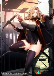 Rule 34 | 1girl, against wall, black thighhighs, blonde hair, breasts, cleavage, coat, copyright name, curvy, hair ornament, huge breasts, knee up, large breasts, long hair, looking at viewer, microphone, open clothes, open coat, pointy ears, qurare magic library, red eyes, smile, snowball22, solo, thick thighs, thighhighs, thighs, wide hips, zettai ryouiki