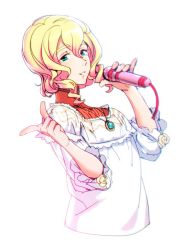 Rule 34 | 10s, 1boy, andou mario, androgynous, apron, blonde hair, blue eyes, blush, bnjgm., chromatic aberration, drill hair, idolmaster, idolmaster side-m, jewelry, kappougi, male focus, microphone, necklace, short hair, simple background, smile, solo, trap, white background