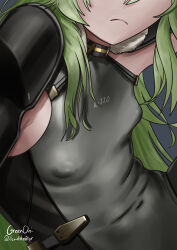 Rule 34 | 1girl, black bodysuit, bodysuit, breasts, closed mouth, covered navel, frown, fur collar, goddess of victory: nikke, green hair, kilo (nikke), lewdstraitors, long hair, covered erect nipples, skin tight, small breasts, solo