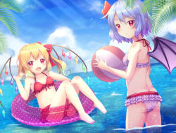 Rule 34 | 2girls, :d, alternate costume, ass, ball, bare shoulders, barefoot, bat wings, beachball, bikini, blush, bow, breasts, cloud, cloudy sky, collarbone, crystal, day, dutch angle, expressionless, fang, flandre scarlet, frilled bikini, frills, front-tie top, hair bow, halterneck, hand in own hair, hand up, happy, holding, holding ball, horizon, innertube, knees up, lens flare, light rays, looking at viewer, looking back, medium hair, miniskirt, multiple girls, no headwear, one side up, open mouth, pointy ears, polka dot, red bow, red eyes, red skirt, remilia scarlet, short hair, siblings, sisters, skin fang, skirt, sky, small breasts, smile, sun, sunlight, swim ring, swimsuit, toes, tomo takino, touhou, unmoving pattern, wading, water, wings