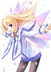 Rule 34 | 00s, 1girl, blonde hair, blue eyes, choker, coat, colette brunel, gem, leaning forward, long hair, open mouth, outstretched arms, pantyhose, petals, simple background, smile, solo, spread arms, tales of (series), tales of symphonia, taletale, white background, wind, wings