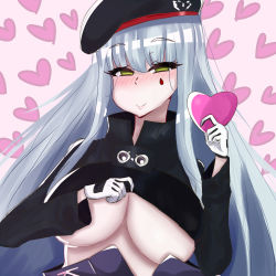 Rule 34 | 1girl, assault rifle, bad anatomy, blush, box, breasts, cleavage, closed mouth, facing viewer, gift, girls&#039; frontline, gloves, gun, h&amp;k hk416, happy valentine, heart, heart-shaped box, highres, hk416 (girls&#039; frontline), holding, holding gift, impossible clothes, impossible shirt, jacket, large breasts, long hair, looking at viewer, rifle, self-upload, shirt, simple background, smile, solo, underboob, valentine, weapon
