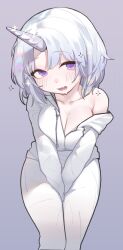 Rule 34 | 1girl, ayatsuno yuni, between legs, blush, breasts, drooling, hand between legs, head tilt, highres, hood, hoodie, large breasts, leaning forward, long sleeves, looking at viewer, no bra, off shoulder, open clothes, open hoodie, open mouth, pants, parted bangs, purple eyes, sangobob, single bare shoulder, sparkle, stellive, symbol-shaped pupils, unicorn, unicorn girl, virtual youtuber, white hair, white hoodie, white pants