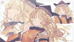 Rule 34 | 1girl, :/, black hat, blonde hair, blush, closed eyes, commentary, constellation print, from side, hat, highres, kyuutame, long hair, long sleeves, looking away, matara okina, multiple views, open mouth, shirt, signature, solo, sparkle, sweatdrop, tabard, touhou, white shirt, yellow eyes