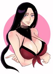 1girl absurdres anno_im arms_under_breasts bare_shoulders black_hair bleach bleach:_brave_souls blush breasts collarbone female_focus highres large_breasts looking_to_the_side official_alternate_costume shiny_skin simple_background swimsuit unohana_retsu upper_body