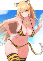 Rule 34 | 1girl, animal ear fluff, animal ears, animal print, bare shoulders, bikini, blonde hair, blue sky, blush, border, breasts, cleavage, cloud, commentary request, core crystal (xenoblade), fake animal ears, fake tail, glowing, groin, highres, kamidan, large breasts, leopard print, letterboxed, long hair, looking at viewer, mythra (xenoblade), navel, outside border, skindentation, sky, solo, swimsuit, tail, thighhighs, v-shaped eyebrows, white border, xenoblade chronicles (series), xenoblade chronicles 2, yellow bikini, yellow eyes, yellow thighhighs