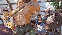 Rule 34 | abs, animal, armpits, bag, bandaged arm, bandages, bara, beard, beenic, bell, biceps, black fur, black hair, blush, bone, box, bulge, cannye (gyee), chang (gyee), cloud, cloudy sky, coin, day, ear piercing, earrings, facial hair, feet out of frame, fingerless gloves, flag, gloves, goggles, gold, grey fur, gyee, headband, headphones, highres, hood, hooded jacket, hoodie, jacket, jewelry, large pectorals, leather, leather belt, lee (gyee), legband, looking to the side, male focus, manly, mature male, multicolored fur, multiple boys, muscular, muscular male, nipples, open mouth, orange fur, outdoors, pants, pectorals, piercing, rainbow flag, shirt, shopping, shopping cart, short hair, sign, sky, smile, smirk, spiked hair, t-shirt, teeth, text focus, thick arms, thick eyebrows, tight clothes, tongue, tooboshoo, topless male, undersized animal, wheel, white fur, wood, yellow eyes