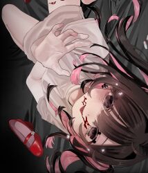 Rule 34 | 1girl, absurdres, bed sheet, blood, blood on face, blush, brown hair, colored inner hair, commentary request, cowboy shot, dutch angle, earrings, hair between eyes, hanataro (sruvhqkehy1zied), high heels, highres, jewelry, long hair, looking at viewer, lying, multicolored hair, no pants, on back, open hand, original, outstretched arm, pill, pink eyes, pink hair, reaching, reaching towards viewer, red footwear, shirt, short sleeves, smile, solo, t-shirt, tongue, tongue out, two-tone hair, unworn footwear, upside-down, white shirt, yami kawaii