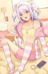 Rule 34 | 1boy, absurdres, bedroom, blue hair, blush, bow, cardigan, crossdressing, fang, full body, hair between eyes, hair bow, hair intakes, hair ornament, highres, inuyama tamaki, kneehighs, knees up, len tako, long hair, looking at viewer, male focus, noripro, on bed, open mouth, pajamas, phone, pink bow, sitting, skin fang, smile, socks, solo, striped clothes, striped socks, trap, two side up, virtual youtuber, yellow bow