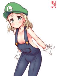 Rule 34 | 1girl, blonde hair, cosplay, dated, flat chest, gloves, green eyes, green hat, hat, highres, kanon (kurogane knights), kantai collection, leaning forward, logo, looking at viewer, luigi, luigi (cosplay), luigi torelli (kancolle), mario (series), naked overalls, name connection, nintendo, overalls, short hair, simple background, solo, white background, white gloves
