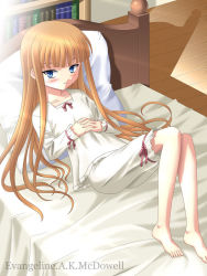 Rule 34 | 00s, 1girl, barefoot, bed, book, bookshelf, character name, evangeline a.k. mcdowell, hands on stomach, indoors, knees up, long hair, lying, mahou sensei negima!, masakichi (crossroad), on back, own hands clasped, own hands together, pajamas, pillow, solo, vampire, very long hair