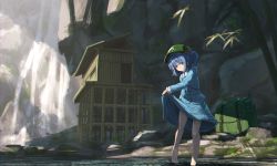 Rule 34 | 1girl, absurdres, bag, bamboo, barefoot, blue dress, blue eyes, blue hair, blush, closed mouth, collared dress, commentary request, day, dress, full body, green headwear, hair bobbles, hair ornament, highres, kawashiro nitori, leaf, lifted by self, long sleeves, pocket, rock, ryosios, skirt hold, smile, solo, standing, sunlight, thighs, touhou, tree, two side up, wading, water, waterfall, wing collar