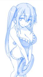 Rule 34 | 1girl, bare shoulders, bikini, blue theme, breasts, cleavage, female focus, frilled bikini, frills, hair between eyes, halterneck, himura kiseki, knees together feet apart, large breasts, lifebuoy, long hair, looking at viewer, monochrome, simple background, smile, solo, swim ring, swimsuit, twintails, white background