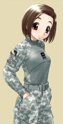 Rule 34 | 1girl, army, breasts, brown eyes, brown hair, camouflage, covered erect nipples, digital camouflage, ebifly, female focus, military, military uniform, raglan sleeves, short hair, simple background, small breasts, solo, uniform, united states army