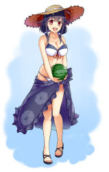 Rule 34 | 10s, 1girl, bad id, bad pixiv id, bikini, black hair, breasts, cleavage, food, fruit, hair flaps, hat, highres, kantai collection, large breasts, long hair, low twintails, open mouth, toeless footwear, red eyes, sarong, shoes, solo, standing, straw hat, sun hat, swimsuit, taigei (kancolle), tomo (tomojo 8), twintails, watermelon