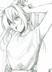 Rule 34 | 10s, 1girl, adjusting hair, alternate costume, armpit peek, arms up, belt, blush, commentary, door, doorknob, ear visible through hair, ears visible through hair, fang, hair between eyes, hair intakes, hair ribbon, head tilt, highres, kantai collection, long hair, monochrome, multiple monochrome, open mouth, ribbon, short sleeves, solo, tone (kancolle), twintails, tying hair, upper body, yami (m31)