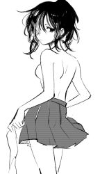 Rule 34 | 1girl, back, black eyes, black hair, breasts, coppelion, greyscale, hair over one eye, ichikawa meisa, looking at viewer, looking back, miniskirt, monochrome, penki, pleated skirt, short ponytail, skirt, small breasts, solo, topless