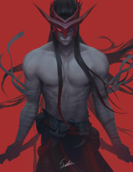 Rule 34 | absurdres, artist name, bandages, bare pectorals, belt, biceps, black hair, blue eyes, highres, katana, league of legends, long hair, looking at viewer, male focus, manly, mask, mature male, muscular, muscular male, pants, pectoral cleavage, pectorals, red background, red eyes, saturn (satscarlet), scar, scar on face, solo, sword, veins, weapon, yone (league of legends)