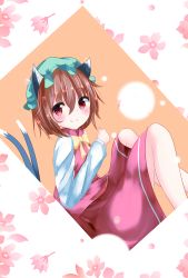 Rule 34 | 1girl, animal ears, bad id, bad pixiv id, brown hair, cat ears, cat tail, chen, earrings, hat, highres, jewelry, miki yanagi, multiple tails, nekomata, red eyes, shirt, short hair, single earring, skirt, smile, solo, tail, touhou, two tails, vest