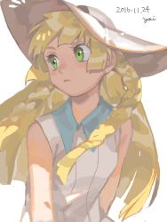 Rule 34 | 1girl, 2016, bad id, bad twitter id, bare arms, blonde hair, braid, closed mouth, creatures (company), dated, dress, game freak, hat, lillie (pokemon), long hair, nintendo, pokemon, pokemon sm, signature, simple background, sleeveless, sleeveless dress, solo, sun hat, twin braids, upper body, white background, white dress, white hat, yai (hachihito)