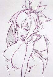 Rule 34 | 1girl, bat wings, bow, bowtie, breasts, commentary, corrupted twitter file, disgaea, highres, huge breasts, looking at viewer, makai senki disgaea 2, monochrome, nipples, nude, ponytail, rozalin, short hair, solo, symbol-only commentary, traditional media, tsukareta san, wings
