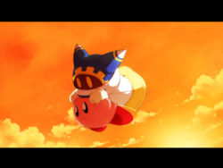 Rule 34 | 2boys, cape, cloud, dew-spiegel, flying, gloves, kirby, kirby (series), letterboxed, magolor, multiple boys, nintendo, no humans, rayman limbs, sky, smile, sun, yellow eyes