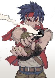 Rule 34 | 1boy, belt, blue hair, brown eyes, closed mouth, denim, gloves, gun, headband, highres, jeans, looking at viewer, male focus, pants, red vest, rody roughnight, shirt, simple background, smoke, smoking gun, solo, vest, weapon, white background, wild arms, wild arms 1