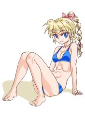 Rule 34 | 1girl, blonde hair, blue eyes, breasts, chrono cross, cleavage, commentary request, full body, high ponytail, kid (chrono cross), long hair, looking at viewer, medium breasts, midriff, multi-tied hair, navel, ponytail, s-a-murai, sitting, smile, solo