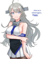 Rule 34 | 1girl, ahoge, bare shoulders, black pantyhose, blue necktie, bobokuboboku, character name, commentary request, cowboy shot, dated, grey eyes, headgear, kantai collection, long hair, looking at viewer, military, military uniform, necktie, one-hour drawing challenge, pantyhose, pleated skirt, shirt, silver hair, skirt, sleeveless, sleeveless shirt, solo, twitter username, uniform, washington (kancolle), white background, white shirt, white skirt