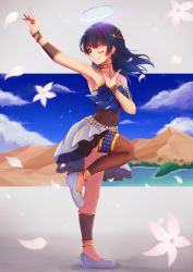 Rule 34 | 1girl, ;), anklet, arabian clothes, armband, armpits, arms up, asymmetrical legwear, bad id, bad pixiv id, bare legs, bare shoulders, bat earrings, black skirt, blue hair, blue sky, bracelet, breasts, choker, cleavage, cloud, collarbone, crop top, dancer, dark blue hair, day, desert, earrings, flower, full body, gold choker, hair ornament, halo, highres, jewelry, kokoro magic a to z, lake, leg up, long hair, love live!, love live! school idol festival, love live! sunshine!!, macken, midriff, navel, necklace, one eye closed, outdoors, parted lips, petals, pleated skirt, red eyes, see-through, shoes, single legwear, skirt, sky, sleeveless, small breasts, smile, standing, standing on one leg, thigh strap, tree, tsushima yoshiko, two-tone skirt, uneven legwear, v-shaped eyebrows, water, white flower, white footwear, white lily, white skirt