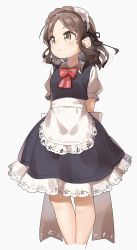 Rule 34 | 1girl, absurdres, alternate costume, apron, arms behind back, black dress, black hairband, blush, bow, brown eyes, brown hair, closed mouth, collared shirt, commentary request, cropped legs, dress, enmaided, frilled hairband, frills, grey background, hairband, highres, idolmaster, idolmaster cinderella girls, looking away, maid, parted bangs, puffy short sleeves, puffy sleeves, shirt, short sleeves, simple background, sleeveless, sleeveless dress, solo, striped, striped bow, tachibana arisu, waist apron, white apron, white shirt, yukie (kusaka shi)