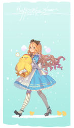 Rule 34 | 1girl, 2017, :o, alice (alice in wonderland), alice in wonderland, alphonse (white datura), animal, ankle ribbon, apron, aqua background, bird, black bow, black bowtie, black footwear, blonde hair, blue dress, blue eyes, blush, border, bow, bowtie, carrying, chick, chicken, chinese zodiac, dress, english text, eyelashes, fat, floating hair, from side, full body, fume, hair bow, hairband, happy new year, layered sleeves, leg ribbon, light brown hair, long sleeves, looking at viewer, md5 mismatch, new year, original, pantyhose, puffy short sleeves, puffy sleeves, ribbon, shoes, short dress, short over long sleeves, short sleeves, signature, snowing, striped clothes, striped legwear, striped pantyhose, vertical-striped clothes, vertical-striped pantyhose, walking, wavy hair, white apron, white border, white pantyhose, year of the rooster
