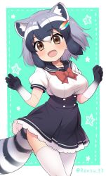 Rule 34 | 1girl, adapted costume, animal ear fluff, animal ears, aqua background, black hair, blue gloves, blue skirt, blush, bow, bowtie, brown eyes, commentary request, common raccoon (kemono friends), cowboy shot, extra ears, fang, feather hair ornament, feathers, frilled skirt, frills, gloves, gradient gloves, grey hair, hair ornament, hairclip, high-waist skirt, highres, kemono friends, multicolored clothes, multicolored gloves, multicolored hair, open mouth, pleated skirt, puffy short sleeves, puffy sleeves, raccoon ears, raccoon girl, raccoon tail, ransusan, red bow, red bowtie, sailor collar, school uniform, serafuku, shirt, short hair, short sleeves, simple background, skirt, solo, star (symbol), tail, thighhighs, twitter username, white frills, white gloves, white hair, white shirt, white thighhighs, zettai ryouiki