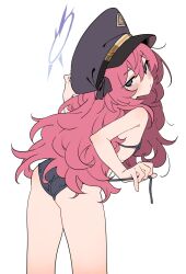 Rule 34 | 1girl, ass, bare arms, bare legs, bare shoulders, bikini, black bikini, black hat, blue archive, blush, closed mouth, cowboy shot, flat chest, grey eyes, hair between eyes, halo, hat, highres, iroha (blue archive), long hair, looking at viewer, looking back, manarou, peaked cap, purple halo, red hair, simple background, solo, swimsuit, white background