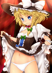 Rule 34 | 1girl, blonde hair, blue eyes, blush, bow, braid, center frills, chikado, clothes lift, collar, colored eyelashes, curiosities of lotus asia, curtains, dress, dress lift, female focus, frills, hair bow, hair ribbon, hat, hat bow, kirisame marisa, navel, panties, ribbon, short hair, side braid, skirt, skirt lift, solo, tears, touhou, underwear, upskirt, white panties, witch hat, wrist cuffs