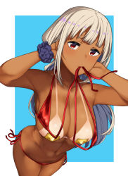 Rule 34 | 1girl, armpits, arms up, bikini, bikini tan, blue background, blush, border, breasts, cleavage, closed mouth, collarbone, commentary request, covered erect nipples, dark-skinned female, dark skin, from above, front-tie bikini top, front-tie top, grey hair, hai ookami, highres, large breasts, long hair, looking at viewer, mouth hold, navel, original, outside border, pasties, red bikini, red eyes, red ribbon, ribbon, scrunchie, side-tie bikini bottom, sidelocks, simple background, smile, solo, stomach, string bikini, swimsuit, tan, tanline, thighs, untied bikini, white border, wrist scrunchie