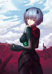 Rule 34 | 1girl, absurdres, ass, ayanami rei, black bodysuit, blue hair, bodysuit, breasts, cassette player, covered erect nipples, cowboy shot, day, from behind, hair between eyes, highres, holding, looking at viewer, looking back, medium breasts, mini mark, neon genesis evangelion, outdoors, parted lips, plugsuit, red eyes, short hair, skin tight, solo, standing