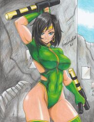 Rule 34 | 1girl, 2021, arm up, black hair, black orchid, blue eyes, breasts, covered navel, earrings, fingerless gloves, gloves, green gloves, green leotard, green nails, highres, holding, holding weapon, hoop earrings, jewelry, killer instinct, large breasts, leotard, medium hair, outdoors, ravernclouk design, ruins, short sleeves, solo, thick thighs, thighhighs, thighs, tonfa, traditional media, weapon