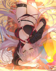 Rule 34 | 1girl, absurdres, ahoge, arm up, ball, beach, beach towel, beachball, bikini, black bikini, black gloves, blush, breasts, buckle, check commentary, cleavage, closed mouth, commentary request, day, fate/grand order, fate (series), gloves, hand on own chest, highres, jeanne d&#039;arc alter (swimsuit berserker) (fate), jeanne d&#039;arc (fate), jeanne d&#039;arc alter (fate), jeanne d&#039;arc alter (swimsuit berserker) (fate), large breasts, leyu, long hair, long sleeves, looking at viewer, lying, mixed-language commentary, navel, o-ring, o-ring bikini, on back, outdoors, pink thighhighs, sand, shrug (clothing), signature, silver hair, single glove, single thighhigh, solo, stomach, sunlight, swimsuit, thigh gap, thigh strap, thighhighs, towel, upside-down, v-shaped eyebrows, very long hair, yellow eyes
