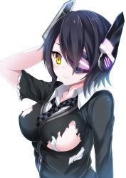 Rule 34 | 10s, 1girl, bad id, bad pixiv id, black hair, breasts, checkered clothes, checkered necktie, checkered neckwear, eyepatch, harimoji, headgear, kantai collection, large breasts, looking at viewer, necktie, personification, short hair, solo, tenryuu (kancolle), torn clothes, yellow eyes