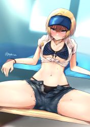 Rule 34 | 1girl, arm support, badge, bench, bikini, bikini top only, blonde hair, blush, bodypaint, button badge, crop top, denim, denim shorts, embarrassed, female pubic hair, flat chest, front-tie top, full-face blush, gojarun, highres, idolmaster, idolmaster shiny colors, jewelry, leaning back, navel, necklace, nipples, open clothes, open shirt, painted clothes, panties, pubic hair, purple eyes, saijo juri, shirt, short hair, short shorts, shorts, sitting, solo, spread legs, sweat, swimsuit, table, tied shirt, twitter username, underwear, visor cap, wristband