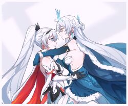 Rule 34 | 2girls, bare shoulders, blue cloak, blue dress, blue eyes, blue gloves, braid, breasts, character request, cloak, commentary request, dress, elbow gloves, eye contact, from side, fur-trimmed cloak, fur-trimmed dress, fur trim, gloves, grey hair, hair between eyes, high ponytail, highres, honkai (series), honkai impact 3rd, long hair, looking at another, medium breasts, multiple girls, orange eyes, ponytail, profile, shiying no yao, strapless, strapless dress, very long hair, white dress